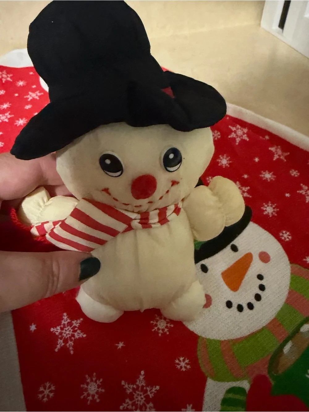 Cream Snowman Plush Holiday Throw Accent with Black Hat and Red-White Scarf